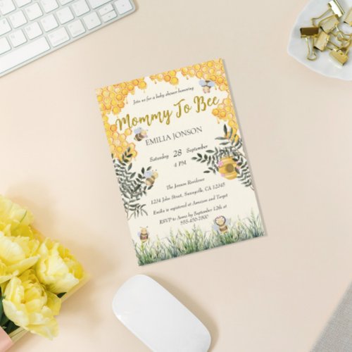 Gender Neutral Mommy to Bee Watercolor Baby Shower Invitation
