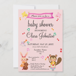 Gender Neutral Musical Animals Pink Baby Shower Invitation