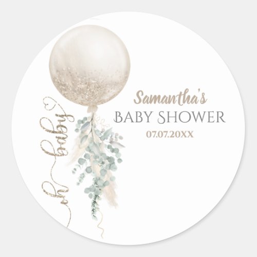 Gender Neutral Oh Baby Balloon Pampas Baby Shower Classic Round Sticker