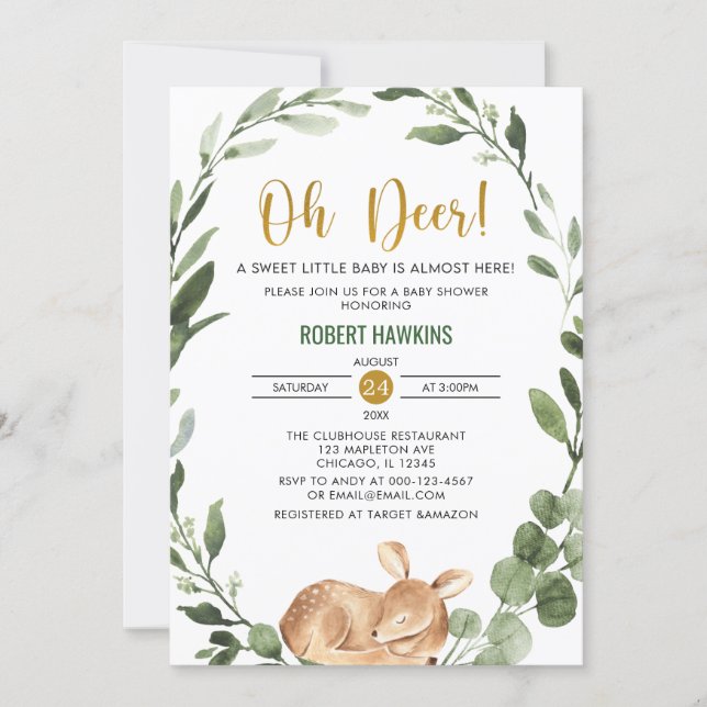 Gender neutral Oh deer greenery gold baby shower Invitation (Front)