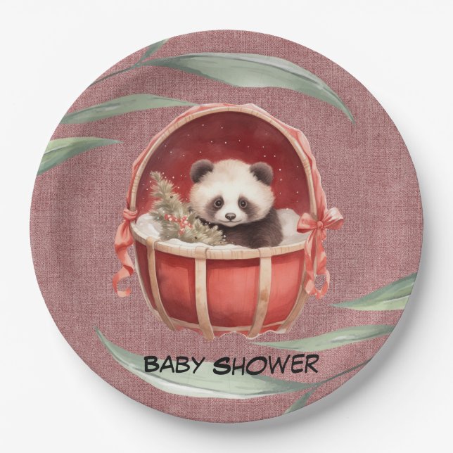 Gender Neutral Panda Bear Red Baby Shower Paper Plates (Front)