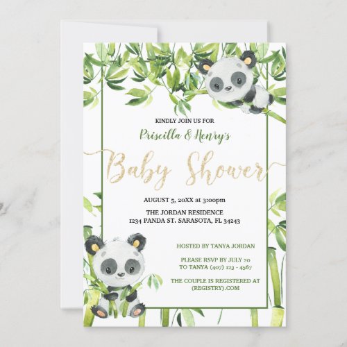 Gender Neutral Panda Green Bamboo Baby Shower Invitation