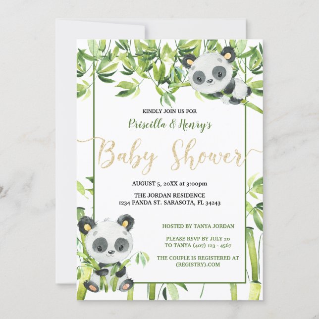 Gender Neutral Panda Green Bamboo Baby Shower Invitation (Front)