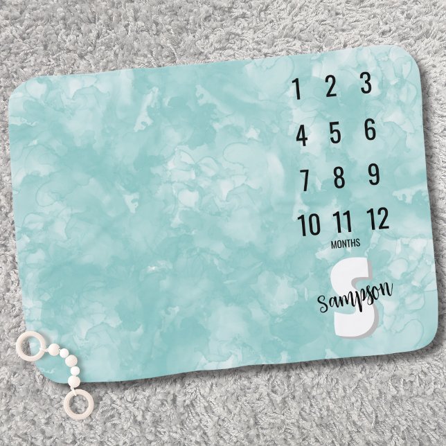 Gender Neutral Personalized Milestone Baby Blanket (Watercolor Teal Blue Monogram Monthly Milestone baby blanket)