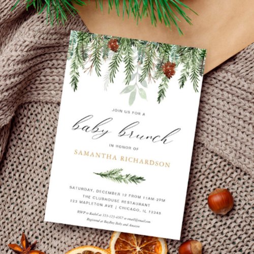 Gender neutral pine tree winter baby brunch invitation