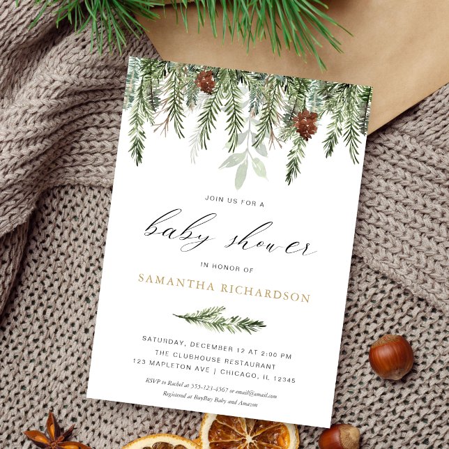 Gender neutral pine tree winter baby shower invitation