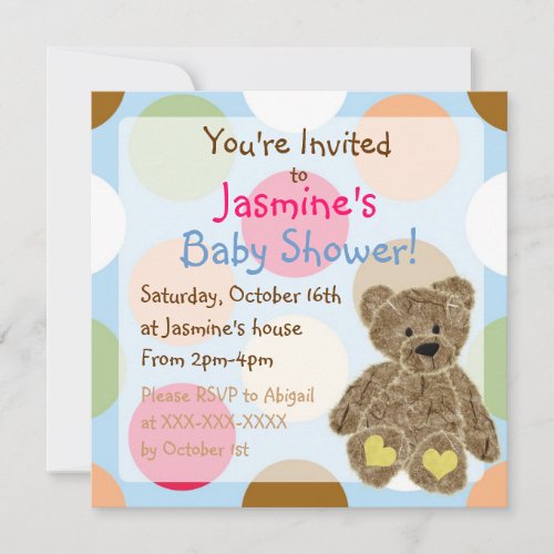 Gender neutral polka dot teddy bear shower invites