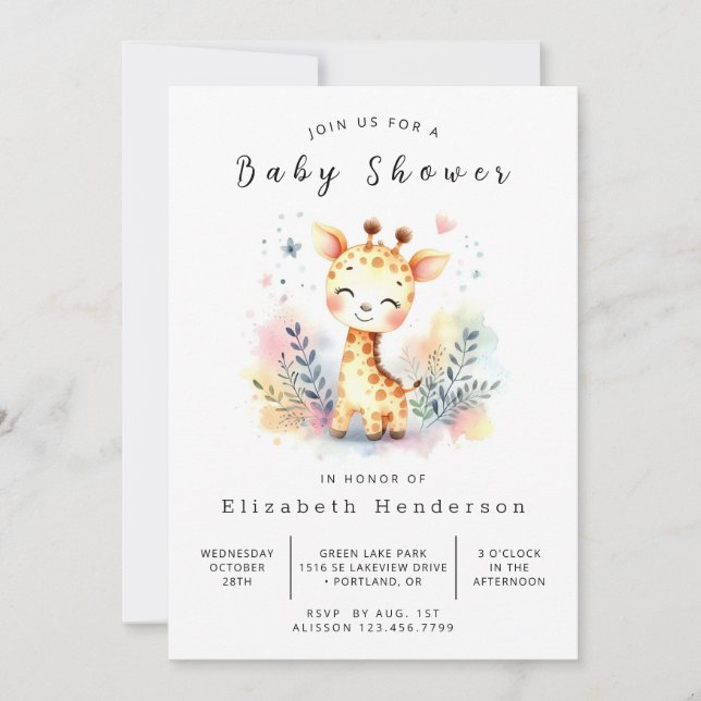 Gender Neutral Printable Giraffe Baby Shower  Invitation (Front)