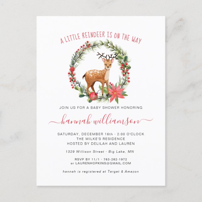 Gender Neutral | Reindeer Christmas Baby Shower Invitation Postcard (Front)