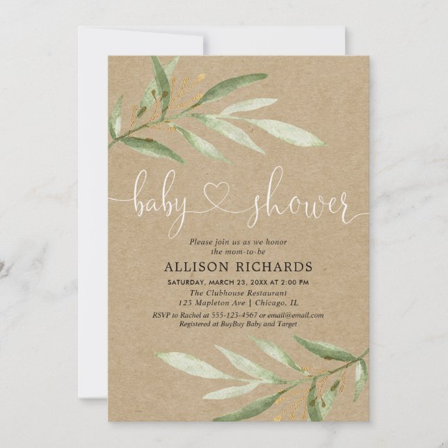 Gender neutral rustic kraft greenery baby shower invitation (Front)
