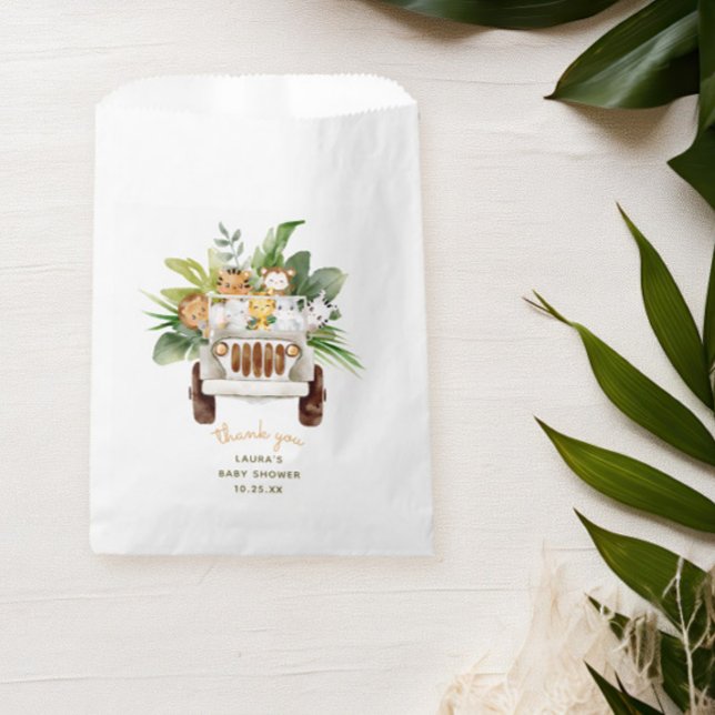 Gender Neutral Safari Animal Baby Shower Thank You Favor Bag (thank you bag for a safari baby shower with tropical leaves and jungle animals in a car)