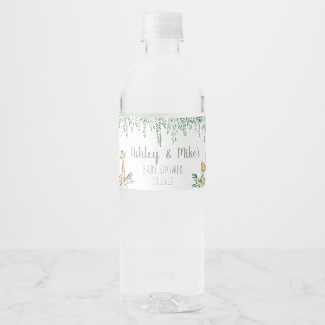 Gender Neutral Safari Animal Baby Shower Water Bottle Label (Front)