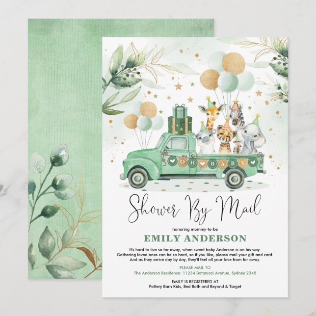 Gender Neutral Safari Animals Baby Shower By Mail Invitation (Front/Back)