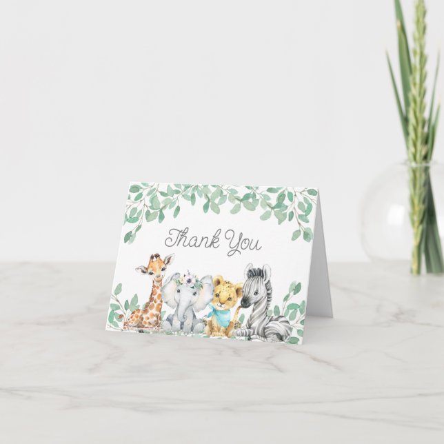 Gender Neutral Safari Animals Greenery Baby Shower Thank You Card (Front)