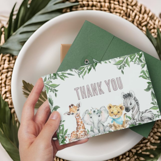 Gender Neutral Safari Animals Greenery Baby Shower Thank You Card (Creator Uploaded)