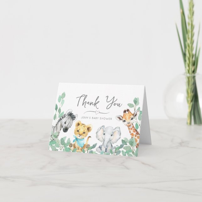 Gender Neutral Safari Animals Greenery Baby Shower Thank You Card (Front)