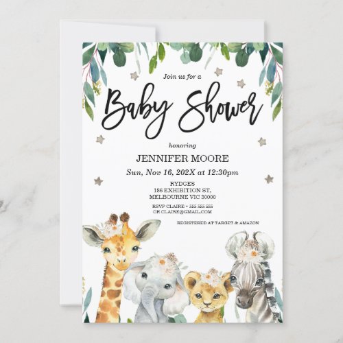 Gender Neutral Safari Foliage Stars Baby Shower Invitation