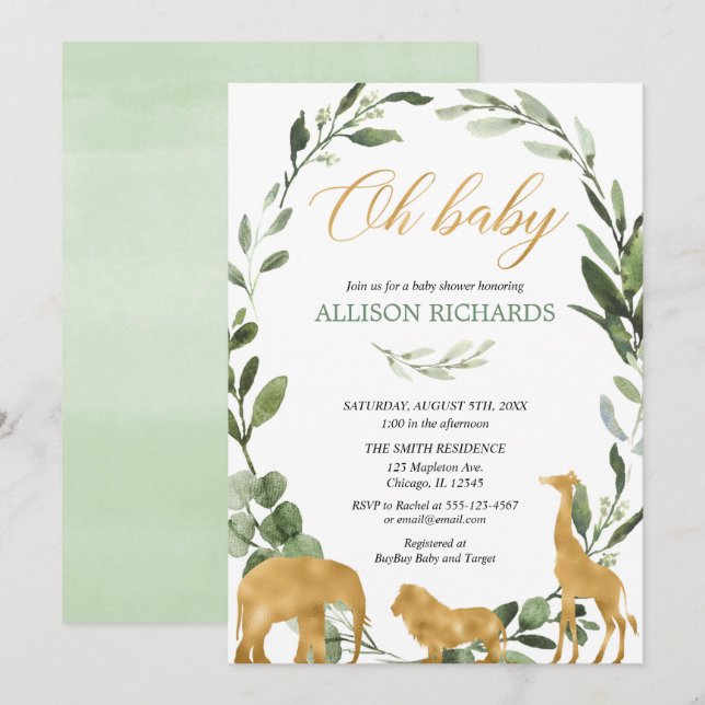 Gender neutral safari greenery baby shower invitation (Front/Back)