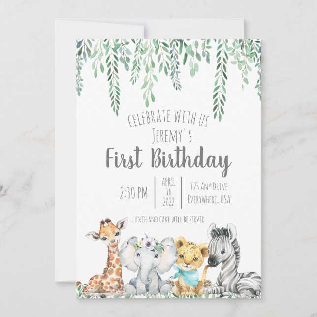 Gender neutral safari theme first birthday invitation (Front)