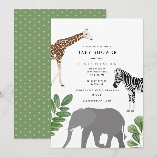 Gender Neutral Safari Wild Animals Baby Shower Invitation (Front/Back)