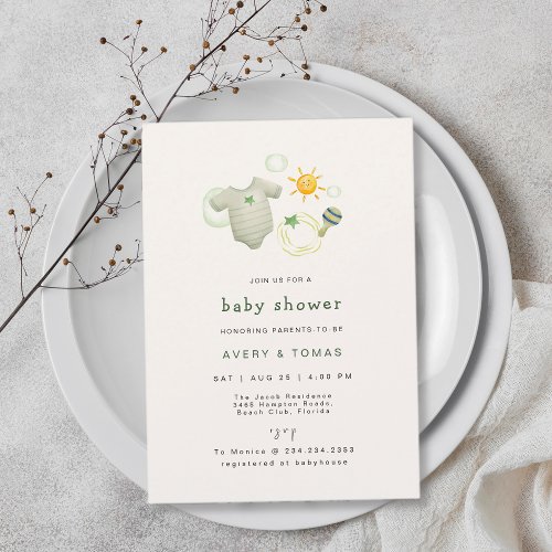 Gender Neutral Sage Green Baby Clothes Toys Shower Invitation