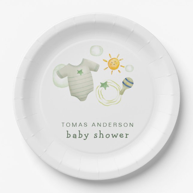 Gender Neutral Sage Green Baby Clothes Toys Shower Paper Plates (Front)