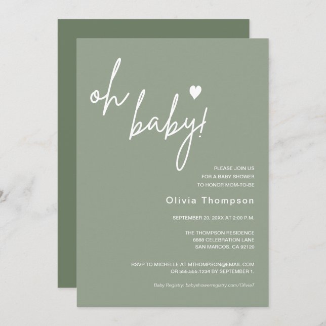Gender Neutral Sage Green Custom Oh Baby Shower  Invitation (Front/Back)