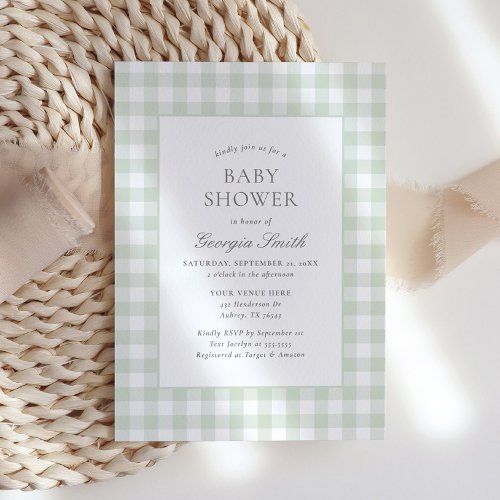 Gender Neutral Sage Green Gingham Baby Shower Invitation