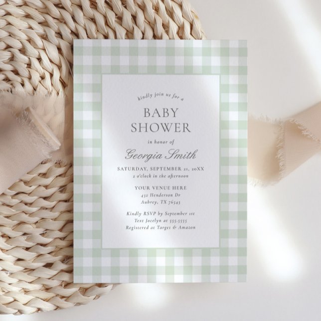 Gender Neutral Sage Green Gingham Baby Shower Invitation (Creator Uploaded)