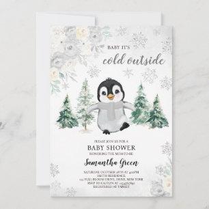 Gender Neutral Silver Penguin Baby Shower Invitation