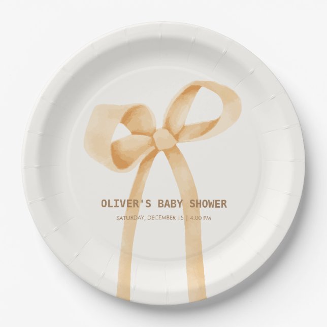 Gender Neutral Simple Bow Baby Shower  Paper Plates (Front)
