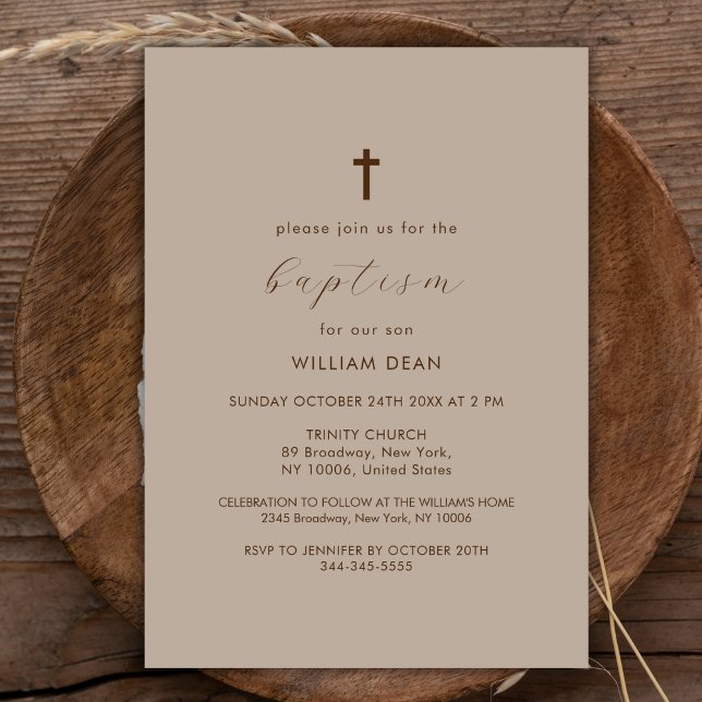 Gender Neutral Simple Script Boho Cross Baptism Invitation (Gender Neutral Simple Script Boho Cross Baptism Invitation)