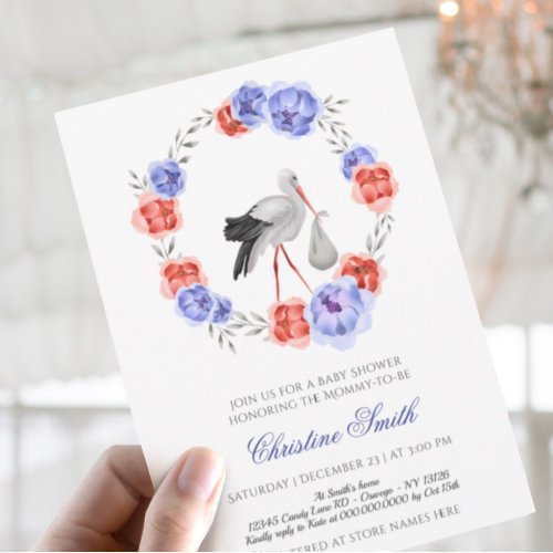 Gender Neutral Stork Blue Red Floral Baby Shower I Invitation