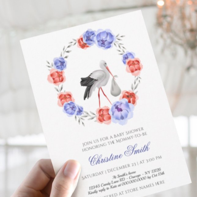 Gender Neutral Stork Blue Red Floral Baby Shower I Invitation (Creator Uploaded)