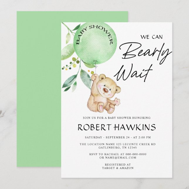 Gender Neutral Teddy Bear Bearly Wait Baby Shower Invitation (Front/Back)