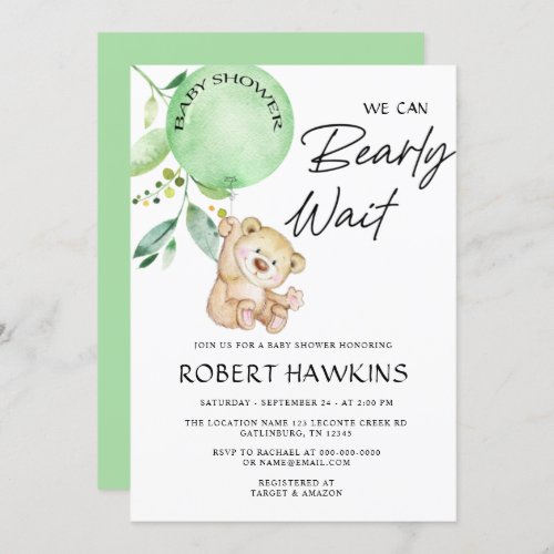 Gender Neutral Teddy Bear Bearly Wait Baby Shower Invitation