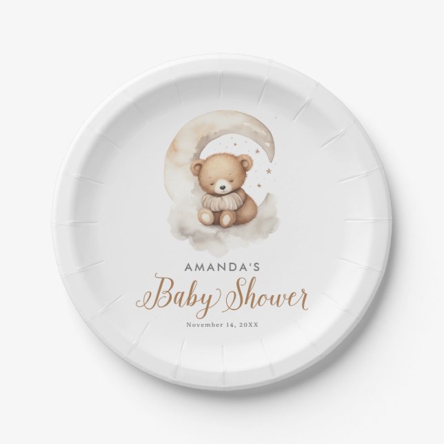 Gender Neutral Teddy Bear Moon Stars Baby Shower Paper Plates (Front)