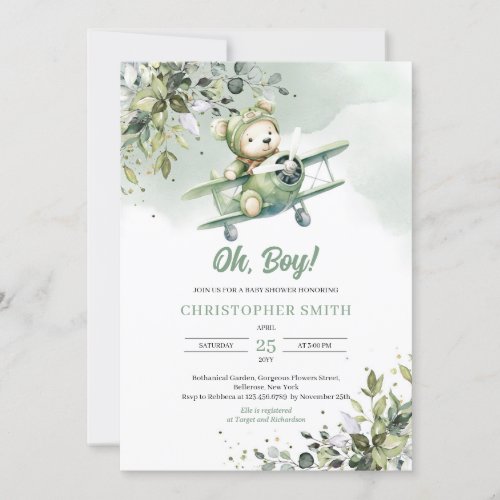 Gender neutral teddy bear pilot eucalyptus invitation