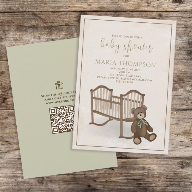 Gender Neutral Teddy Bear QR Code Gift Registry Invitation (Creator Uploaded)