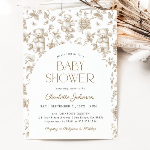 Gender Neutral Teddy Bear Toile de Jouy Invitation