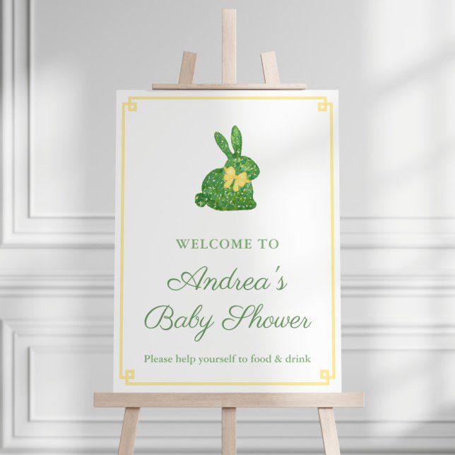 Gender Neutral Topiary Rabbit Baby Shower Welcome Foam Board (Gender neutral baby shower welcome sign with green boxwood bunny sporting a yellow ribbon bow)