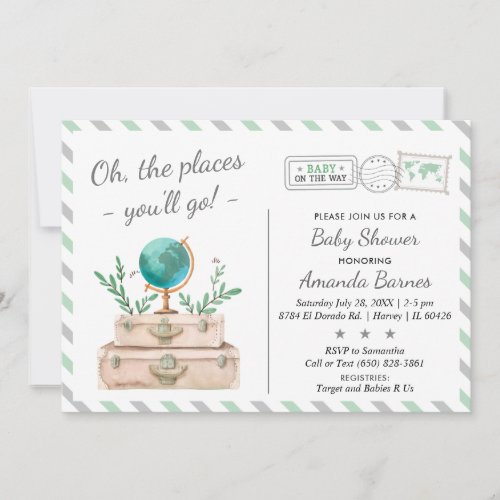 Gender Neutral Travel Adventure Mint Baby Shower Invitation