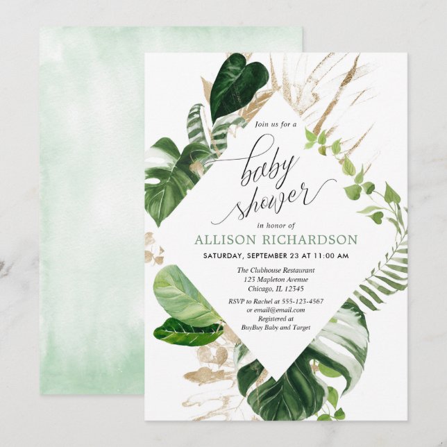 Gender neutral tropical greenery gold baby shower invitation (Front/Back)