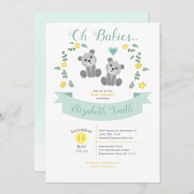 Gender neutral Twin Cute bear babyshower Invitation (Front/Back)