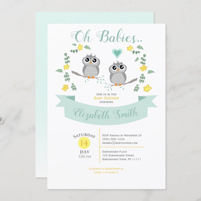 Gender neutral Twin Cute owls baby shower Invitation (Front/Back)