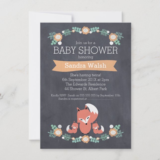 Gender Neutral Twin Fox Baby Shower Invitation (Front)