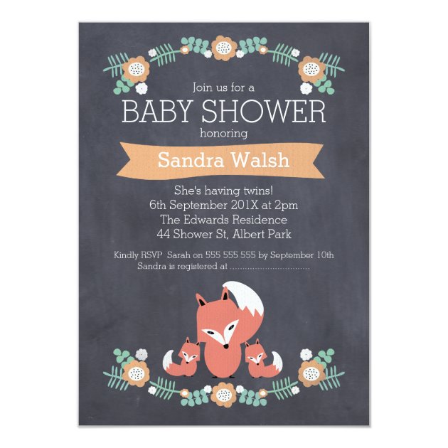Gender Neutral Twin Fox Baby Shower Invitation