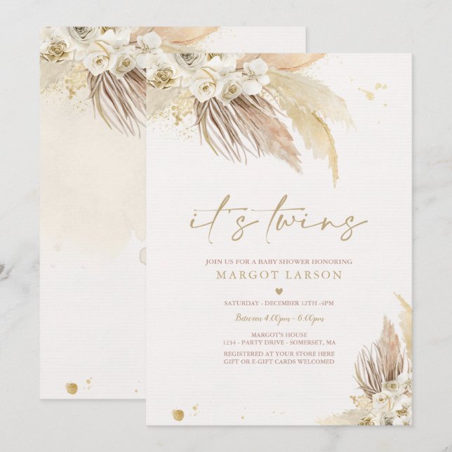 Gender Neutral Twin Pampas Grass Boho Baby Shower Invitation (Front/Back)