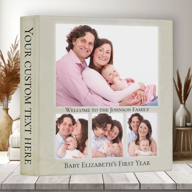 Gender Neutral Twin Triplet Baby Photo Binder (Elegant binder featuring your own photos framed by a pale green artistic design - baby family photos)