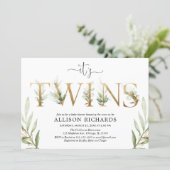 Gender neutral twins baby shower greenery invitation (Standing Front)